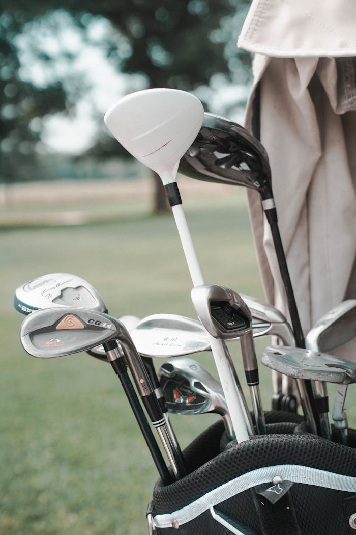 services-03 Golf clubs neatly arranged in a bag at an outdoor golf course.